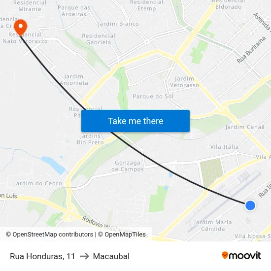 Rua Honduras, 11 to Macaubal map