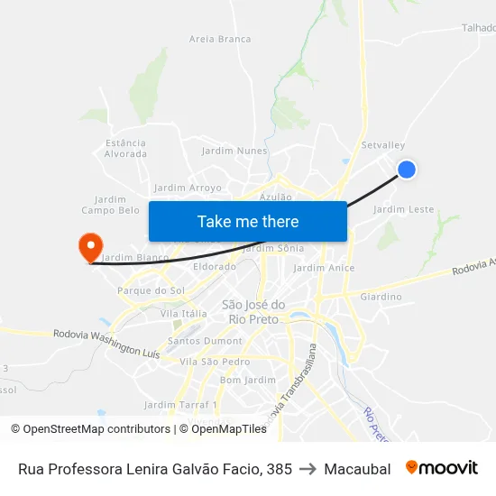 Rua Professora Lenira Galvão Facio, 385 to Macaubal map