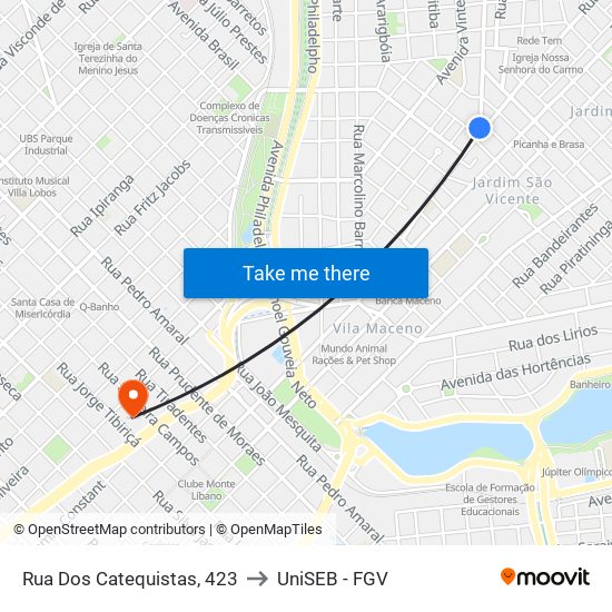 Rua Dos Catequistas, 423 to UniSEB - FGV map