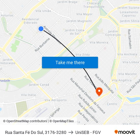 Rua Santa Fé Do Sul, 3176-3280 to UniSEB - FGV map