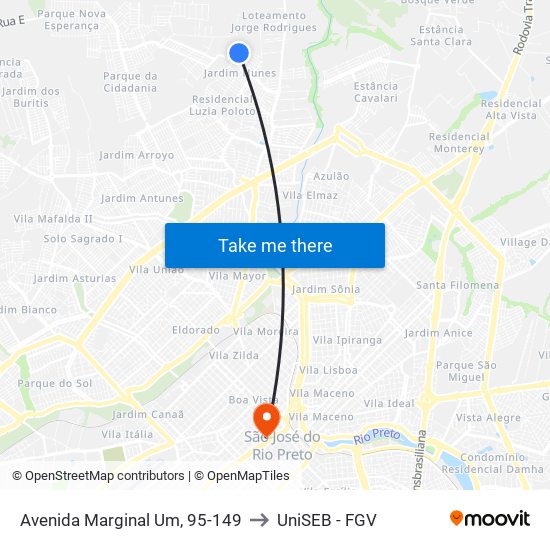 Avenida Marginal Um, 95-149 to UniSEB - FGV map