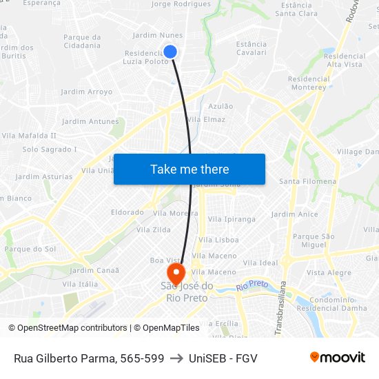 Rua Gilberto Parma, 565-599 to UniSEB - FGV map