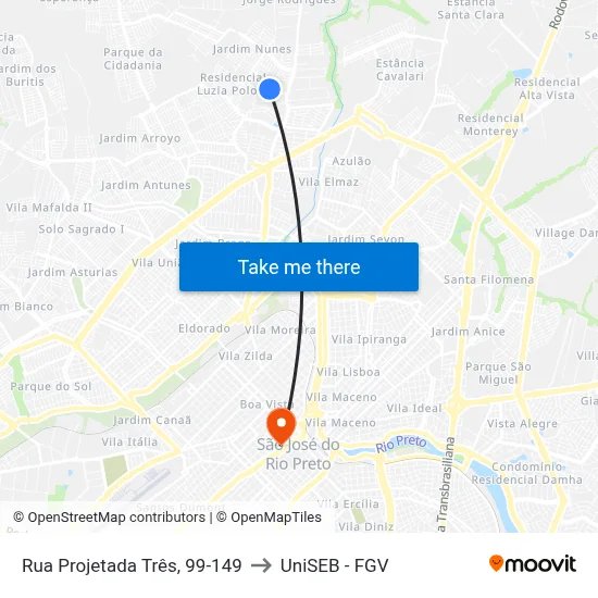 Rua Projetada Três, 99-149 to UniSEB - FGV map