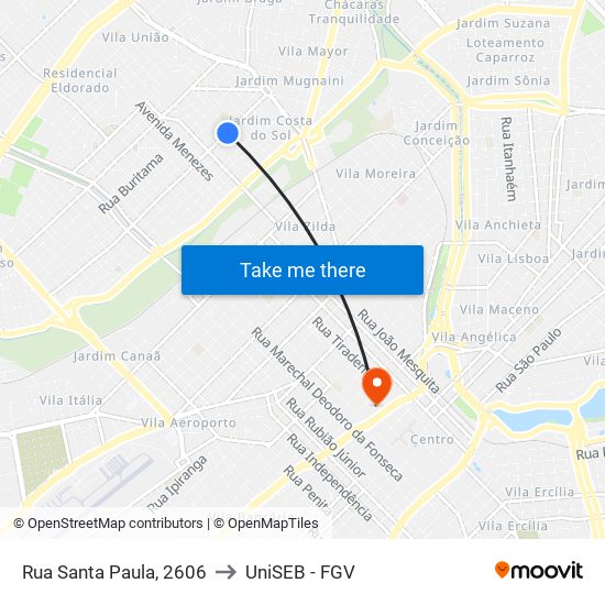 Rua Santa Paula, 2606 to UniSEB - FGV map