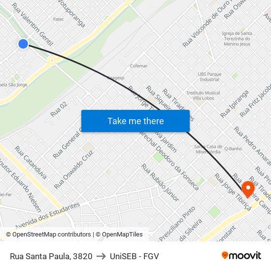 Rua Santa Paula, 3820 to UniSEB - FGV map