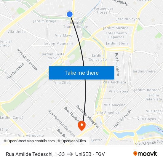 Rua Amilde Tedeschi, 1-33 to UniSEB - FGV map