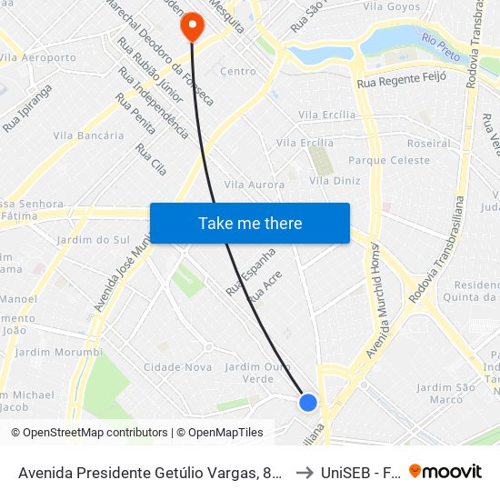 Avenida Presidente Getúlio Vargas, 830-902 to UniSEB - FGV map