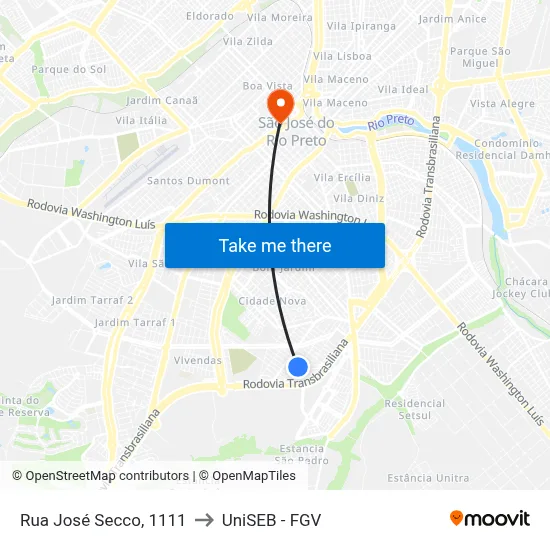 Rua José Secco, 1111 to UniSEB - FGV map