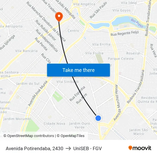 Avenida Potirendaba, 2430 to UniSEB - FGV map