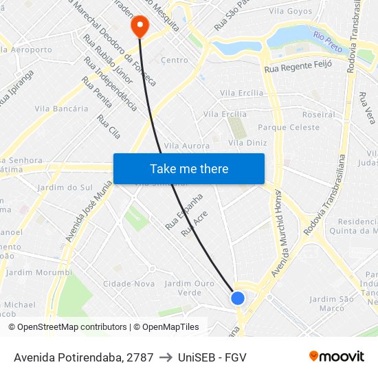 Avenida Potirendaba, 2787 to UniSEB - FGV map