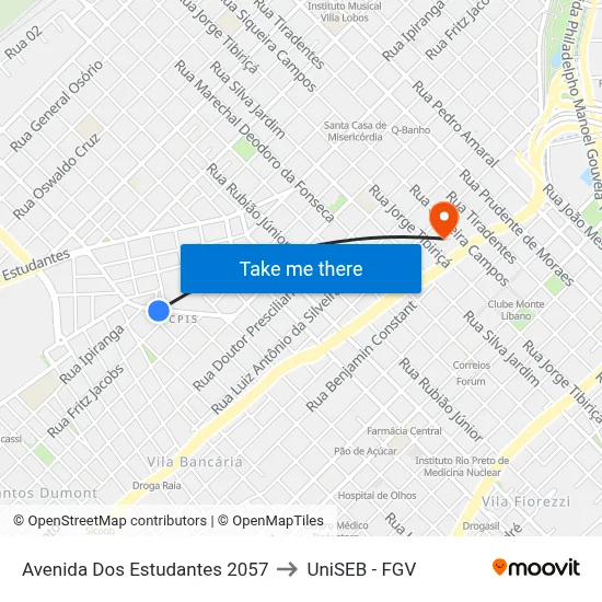 Avenida Dos Estudantes 2057 to UniSEB - FGV map