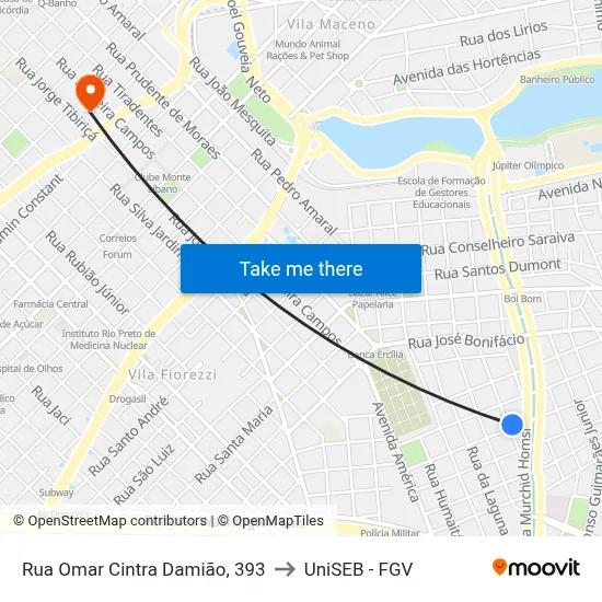 Rua Omar Cintra Damião, 393 to UniSEB - FGV map