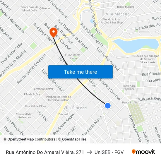 Rua Antônino Do Amaral Viêira, 271 to UniSEB - FGV map