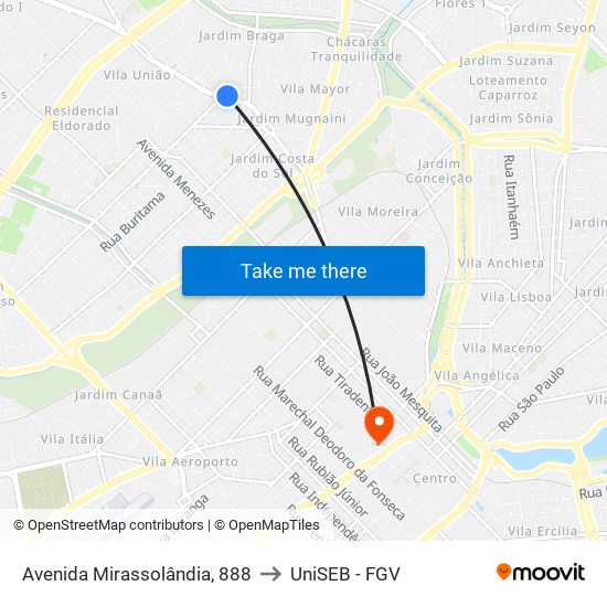 Avenida Mirassolândia, 888 to UniSEB - FGV map