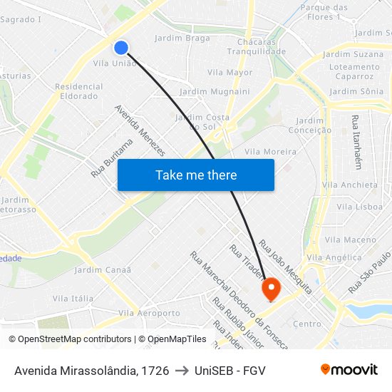 Avenida Mirassolândia, 1726 to UniSEB - FGV map