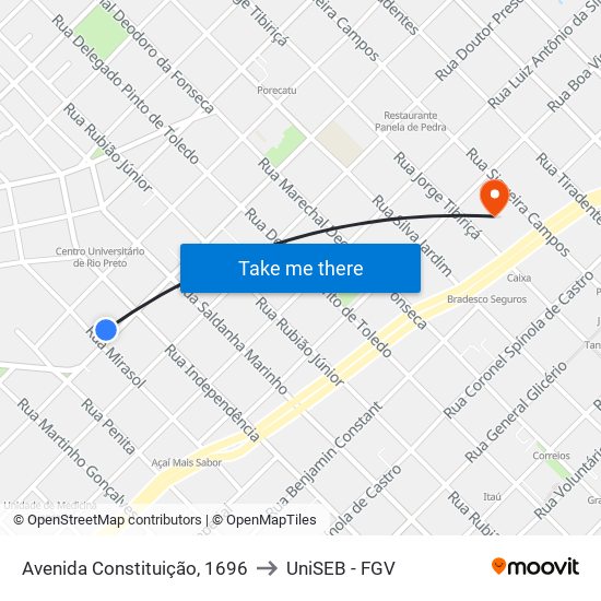 Avenida Constituição, 1696 to UniSEB - FGV map