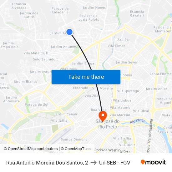 Rua Antonio Moreira Dos Santos, 2 to UniSEB - FGV map