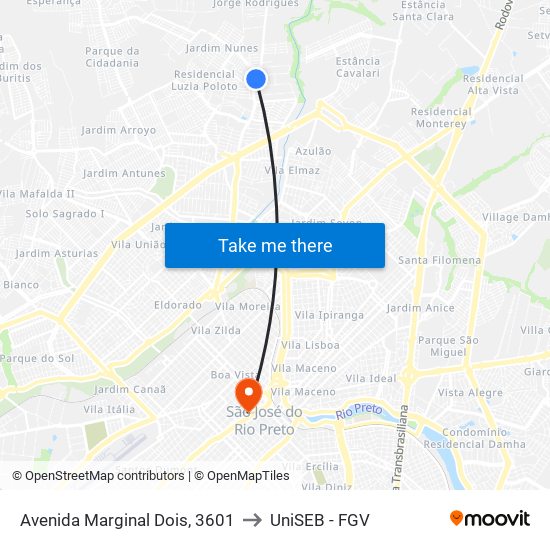 Avenida Marginal Dois, 3601 to UniSEB - FGV map