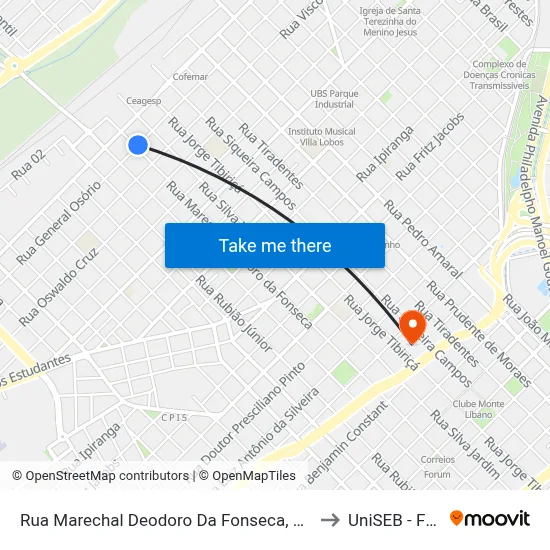 Rua Marechal Deodoro Da Fonseca, 1095 to UniSEB - FGV map