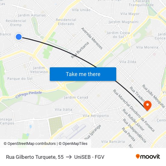 Rua Gilberto Turquete, 55 to UniSEB - FGV map