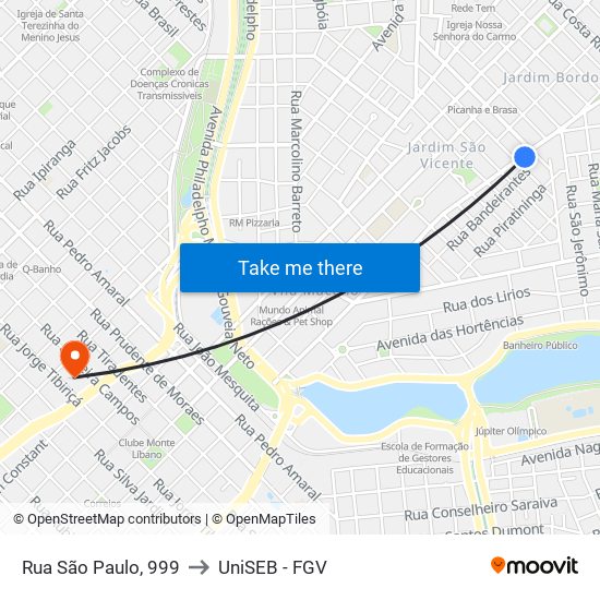 Rua São Paulo, 999 to UniSEB - FGV map