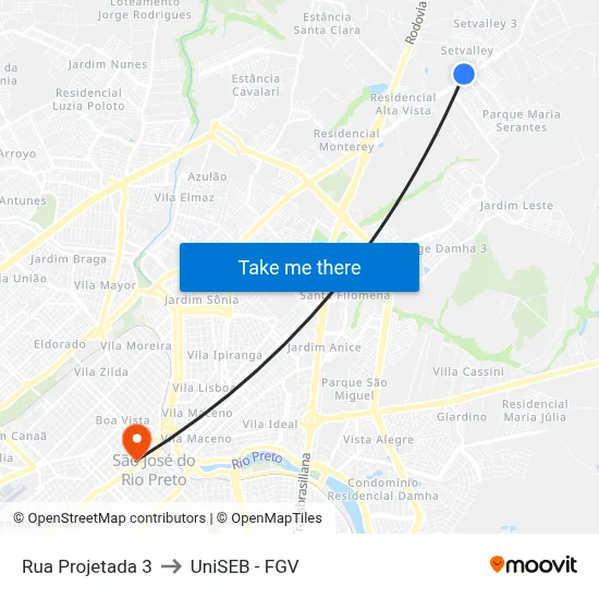 Rua Projetada 3 to UniSEB - FGV map