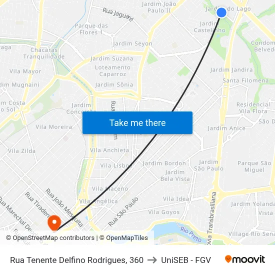 Rua Tenente Delfino Rodrigues, 360 to UniSEB - FGV map