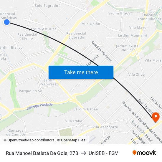 Rua Manoel Batista De Gois, 273 to UniSEB - FGV map