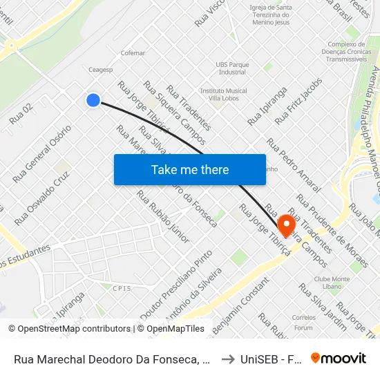 Rua Marechal Deodoro Da Fonseca, 1048 to UniSEB - FGV map