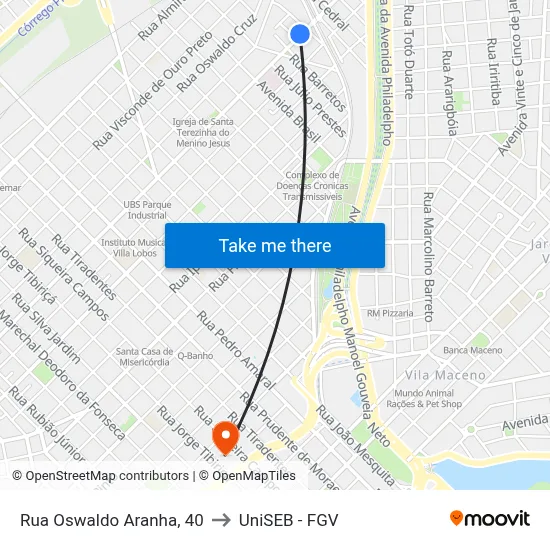 Rua Oswaldo Aranha, 40 to UniSEB - FGV map