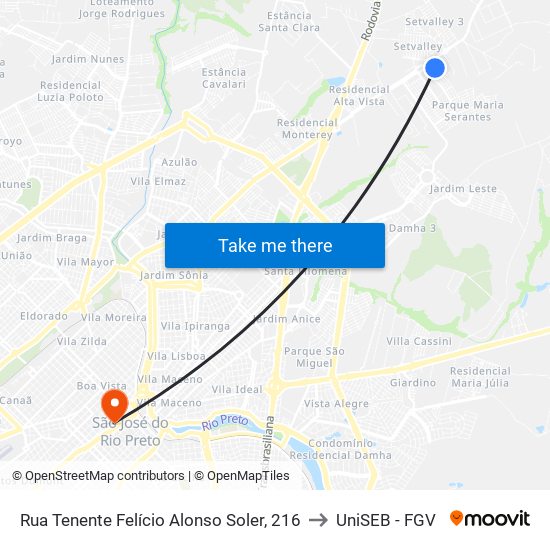 Rua Tenente Felício Alonso Soler, 216 to UniSEB - FGV map