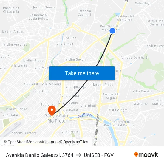 Avenida Danilo Galeazzi, 3764 to UniSEB - FGV map