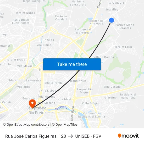 Rua José Carlos Figueiras, 120 to UniSEB - FGV map