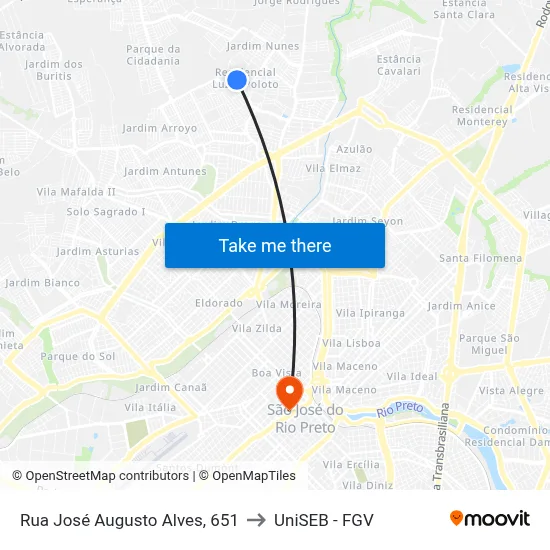 Rua José Augusto Alves, 651 to UniSEB - FGV map