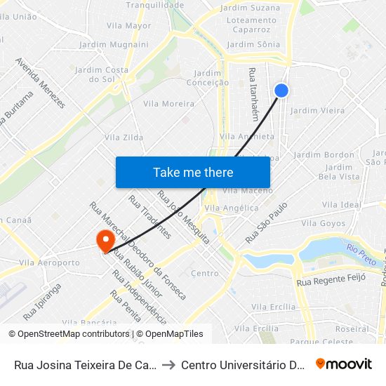 Rua Josina Teixeira De Carvalho, 875 to Centro Universitário De Rio Preto map