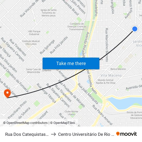 Rua Dos Catequistas, 423 to Centro Universitário De Rio Preto map