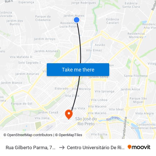 Rua Gilberto Parma, 709-741 to Centro Universitário De Rio Preto map