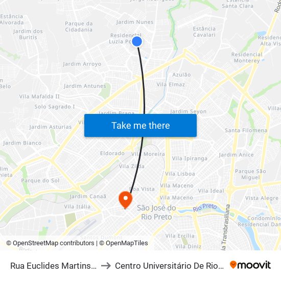 Rua Euclides Martins, 174 to Centro Universitário De Rio Preto map