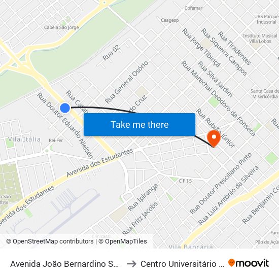 Avenida João Bernardino Seixas Ribeiro 878 to Centro Universitário De Rio Preto map