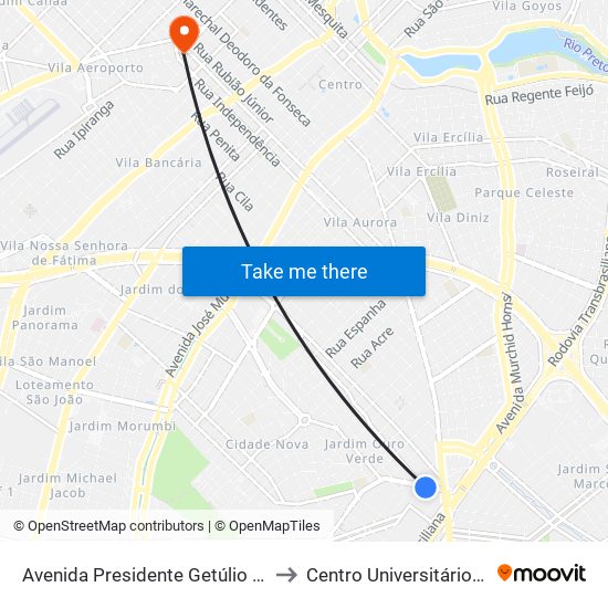 Avenida Presidente Getúlio Vargas, 830-902 to Centro Universitário De Rio Preto map