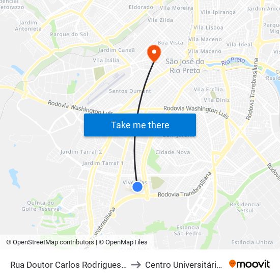 Rua Doutor Carlos Rodrigues Nogueira, 449-517 to Centro Universitário De Rio Preto map