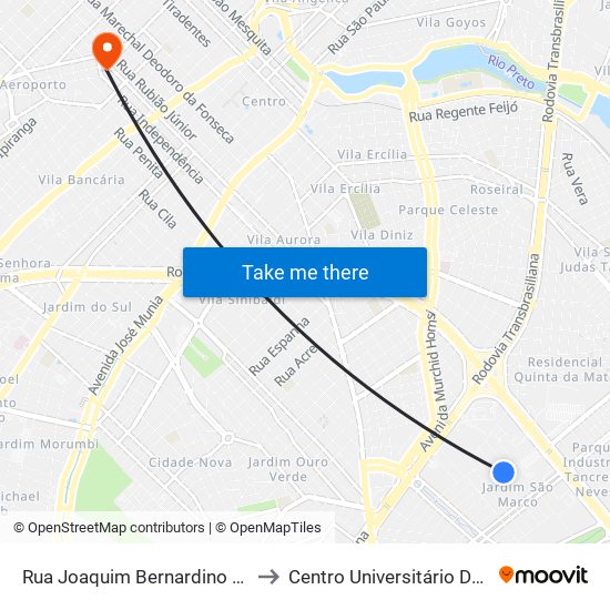 Rua Joaquim Bernardino Ribeiro, 500 to Centro Universitário De Rio Preto map