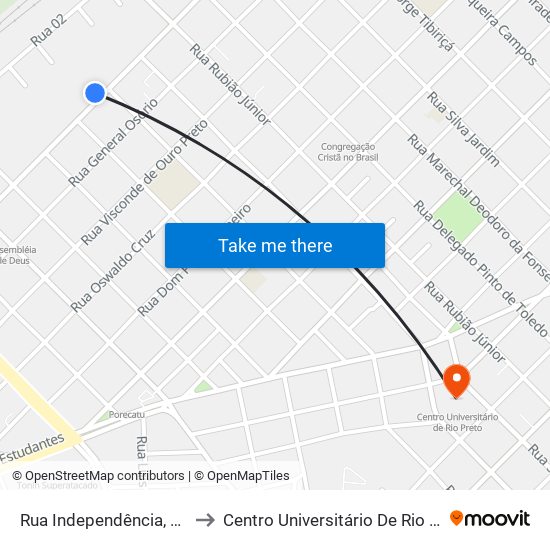 Rua Independência, 1600 to Centro Universitário De Rio Preto map