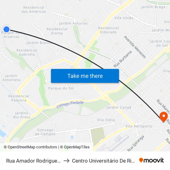 Rua Amador Rodrigues, 100 to Centro Universitário De Rio Preto map