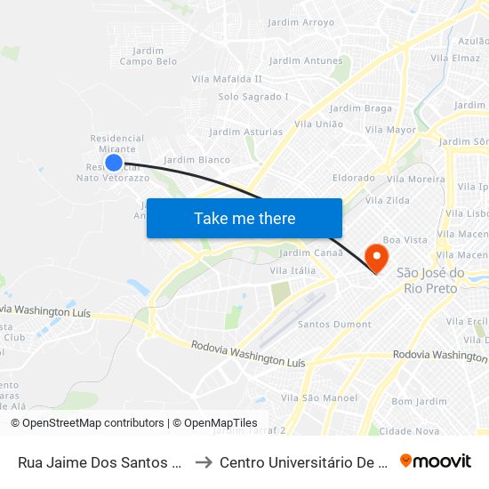 Rua Jaime Dos Santos Pereira, 1 to Centro Universitário De Rio Preto map