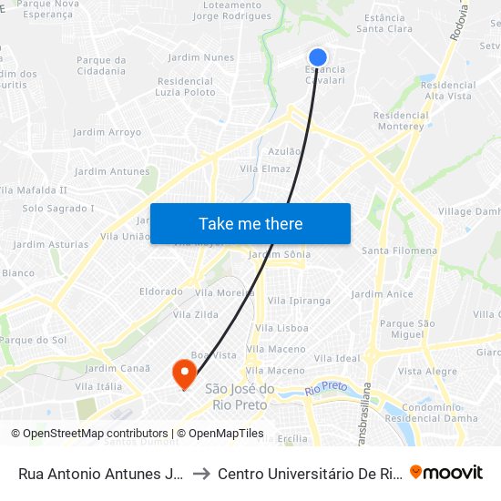 Rua Antonio Antunes Junior, 1 to Centro Universitário De Rio Preto map