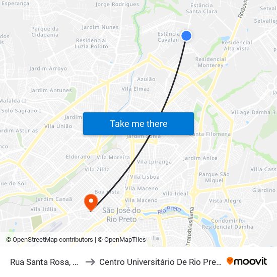 Rua Santa Rosa, 41 to Centro Universitário De Rio Preto map