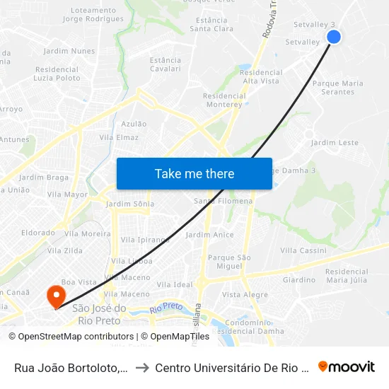 Rua João Bortoloto, 162 to Centro Universitário De Rio Preto map