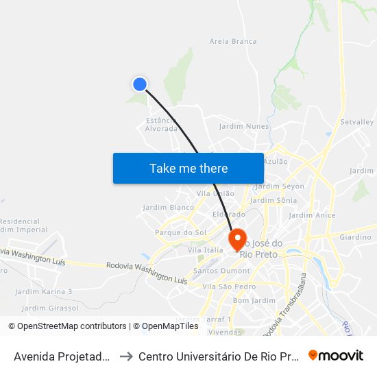 Avenida Projetada 6 to Centro Universitário De Rio Preto map