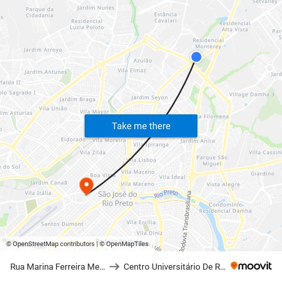 Rua Marina Ferreira Mello, 158 to Centro Universitário De Rio Preto map